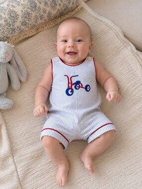 NWT Les Petit Soleils Baby Boy Jon Jon Romper Embroidered Tricycle Blue 3 Months